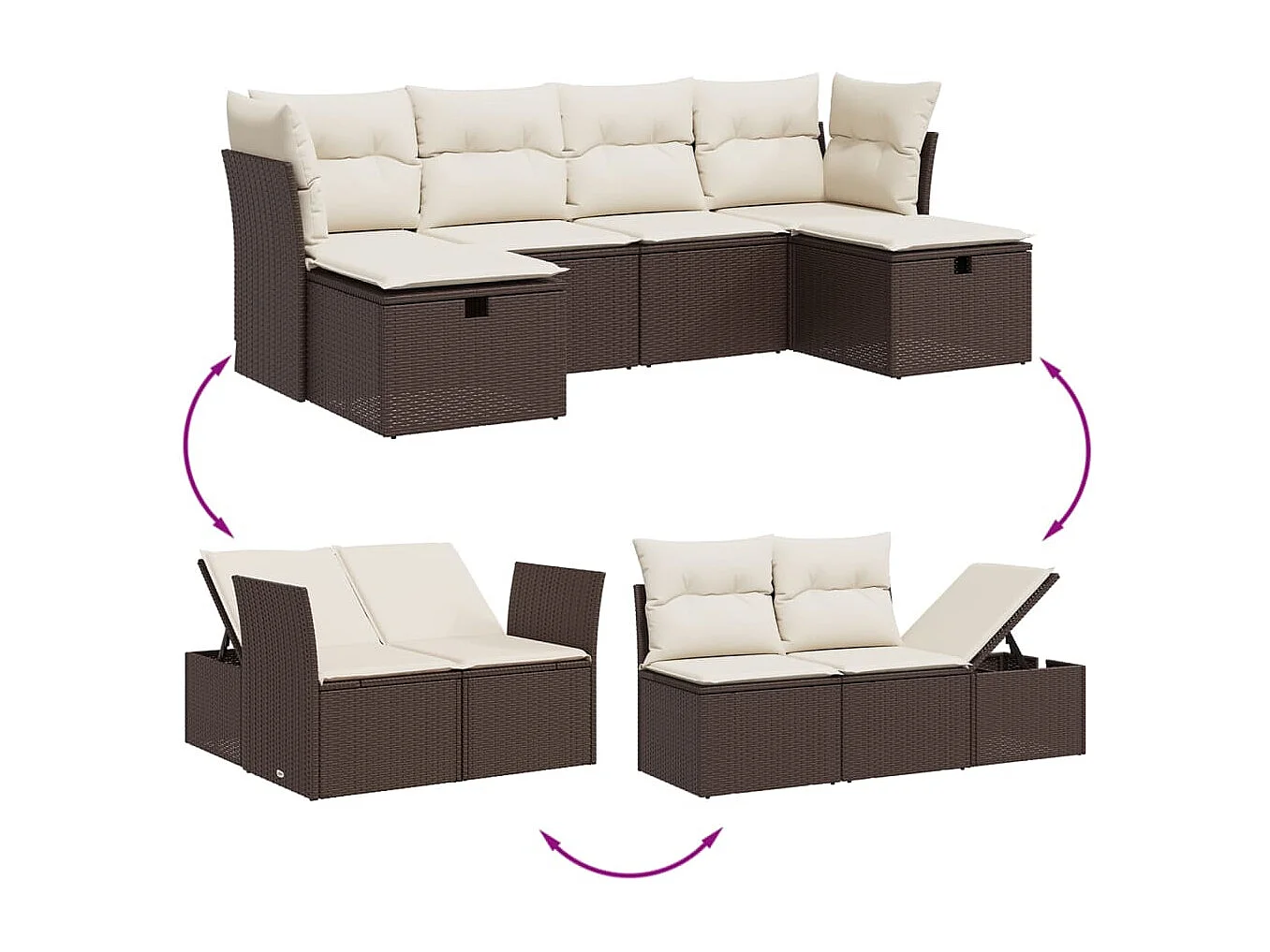 6 peças conjunto de sofás jardim com almofadões vime PE castanho