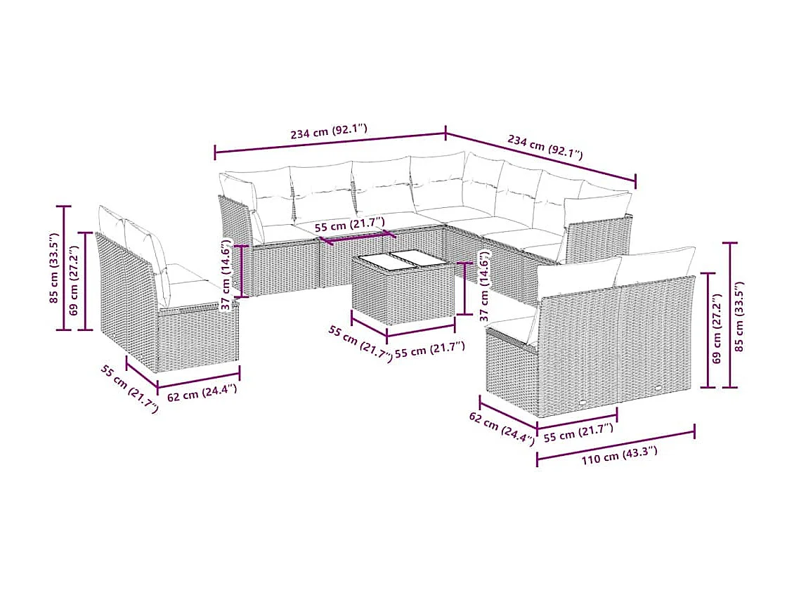 12-delige Loungeset met kussens poly rattan lichtgrijs