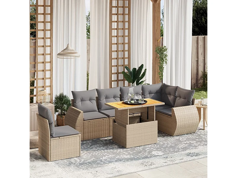7-delige Loungeset met kussens poly rattan beige