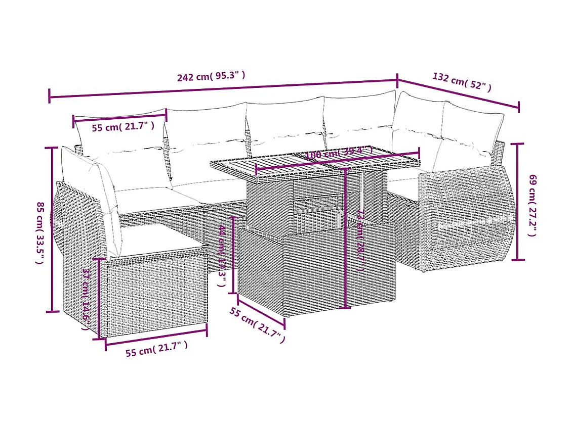 7 peças conjunto de sofás para jardim com almofadões vime PE bege