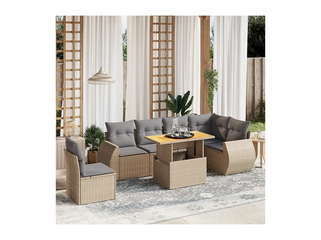 7-delige Loungeset met kussens poly rattan beige