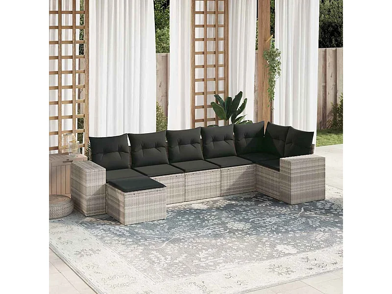 7-delige Loungeset met kussens poly rattan lichtgrijs