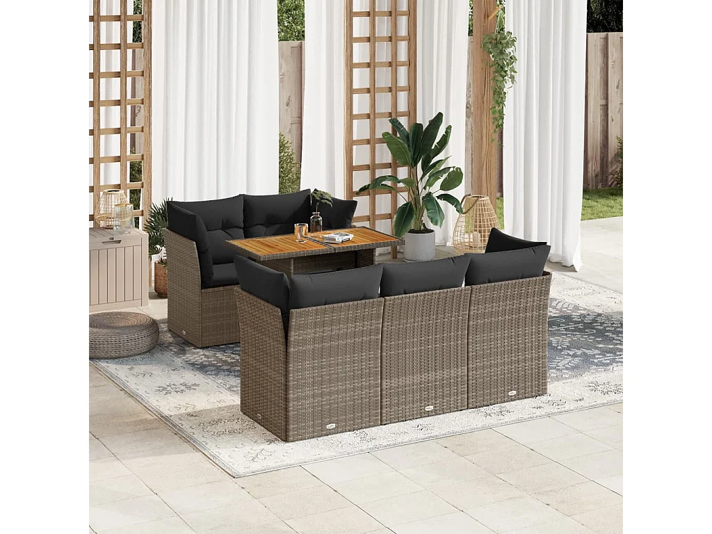 6-delige Loungeset met kussens poly rattan grijs