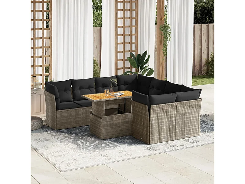 Set de sofás de jardín con cojines 9 piezas ratán sintético gris