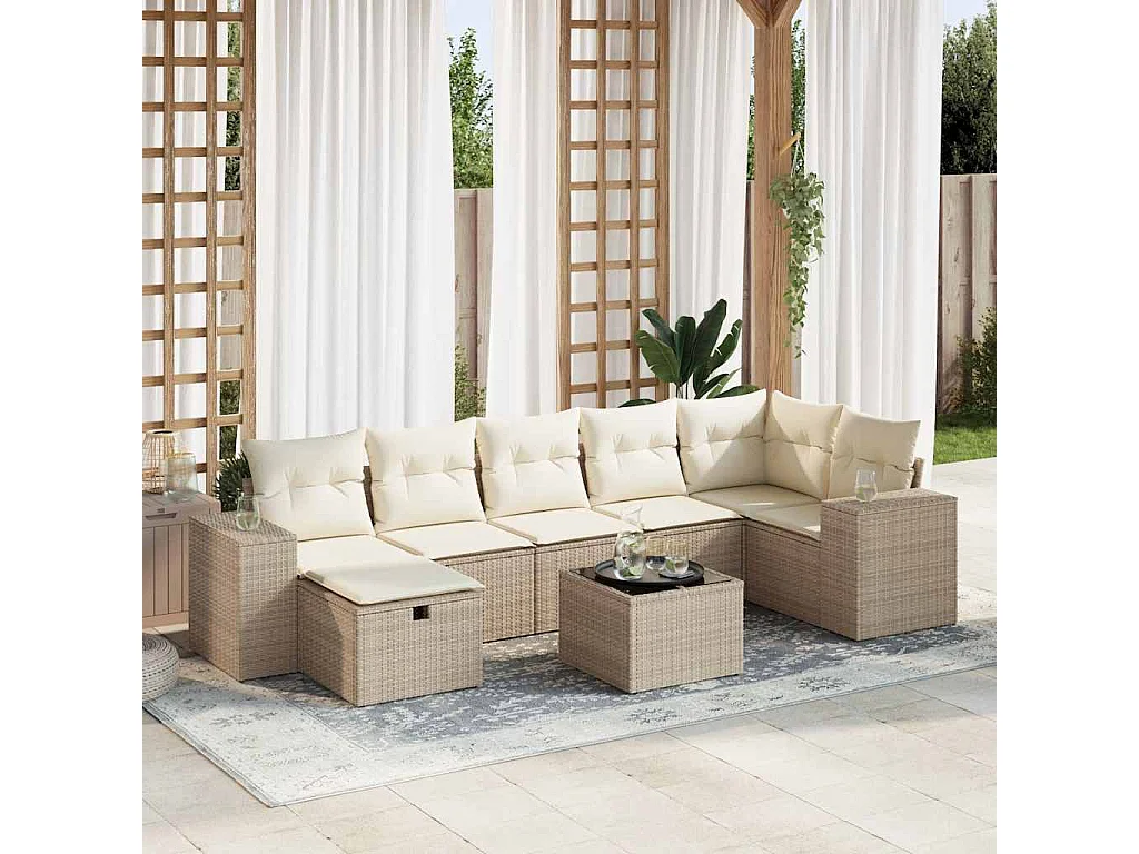 Set de sofás de jardín y cojines 8 piezas ratán sintético beige