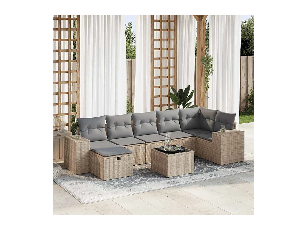 8 peças conjunto de sofás para jardim com almofadões vime PE bege