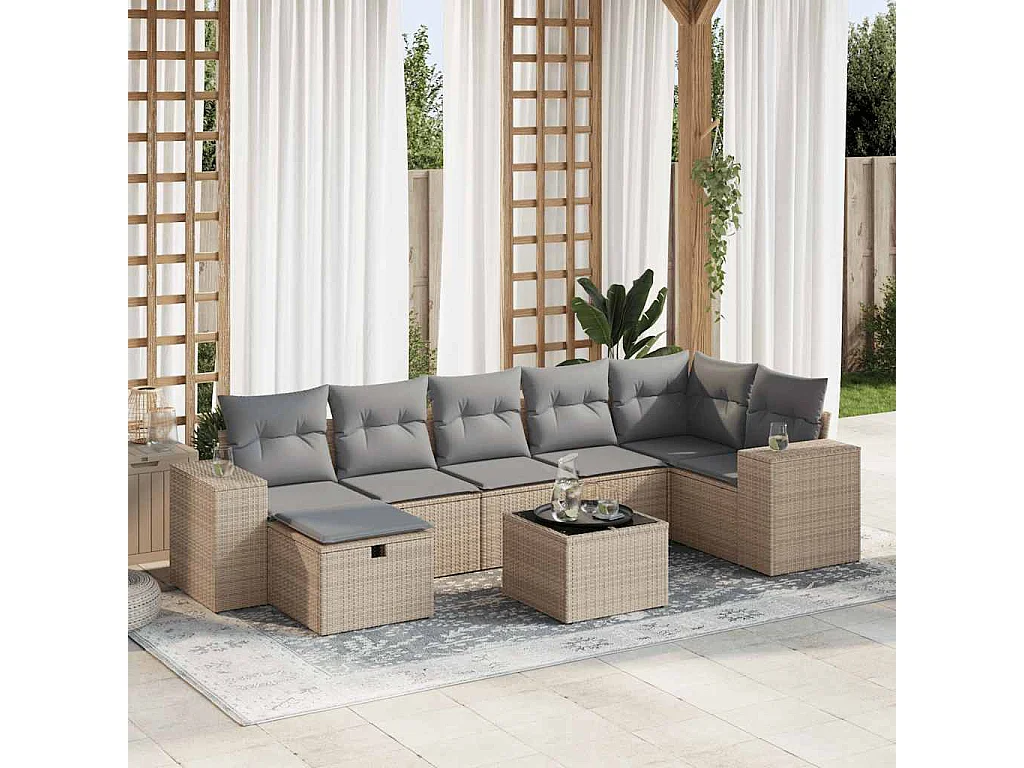 Salon de jardin avec coussins 8 pièces beige résine tressée