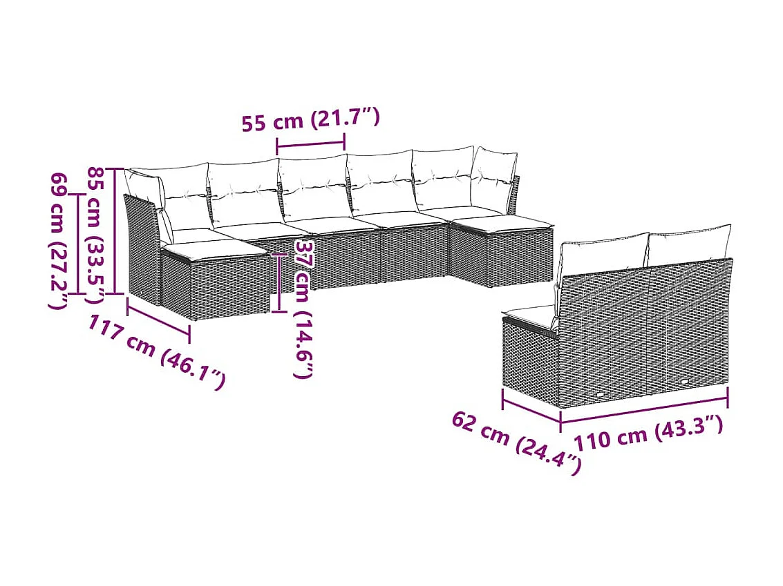 Salon de jardin 9 pièces avec coussins gris clair résine tressée
