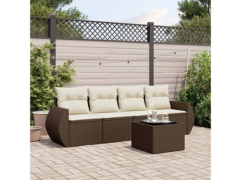 5-delige Loungeset met kussens poly rattan bruin