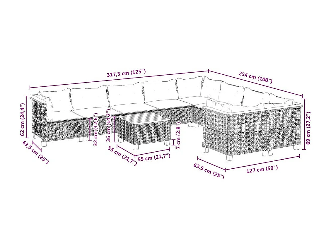 10 peças conjunto sofás de jardim com almofadões vime PE cinzento