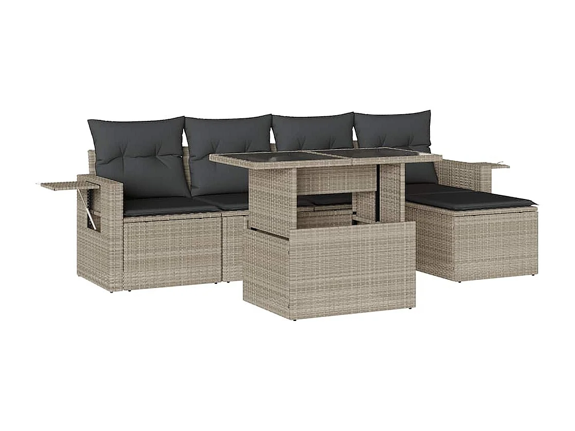 Salon de jardin 6 pièces avec coussins gris clair résine tressée
