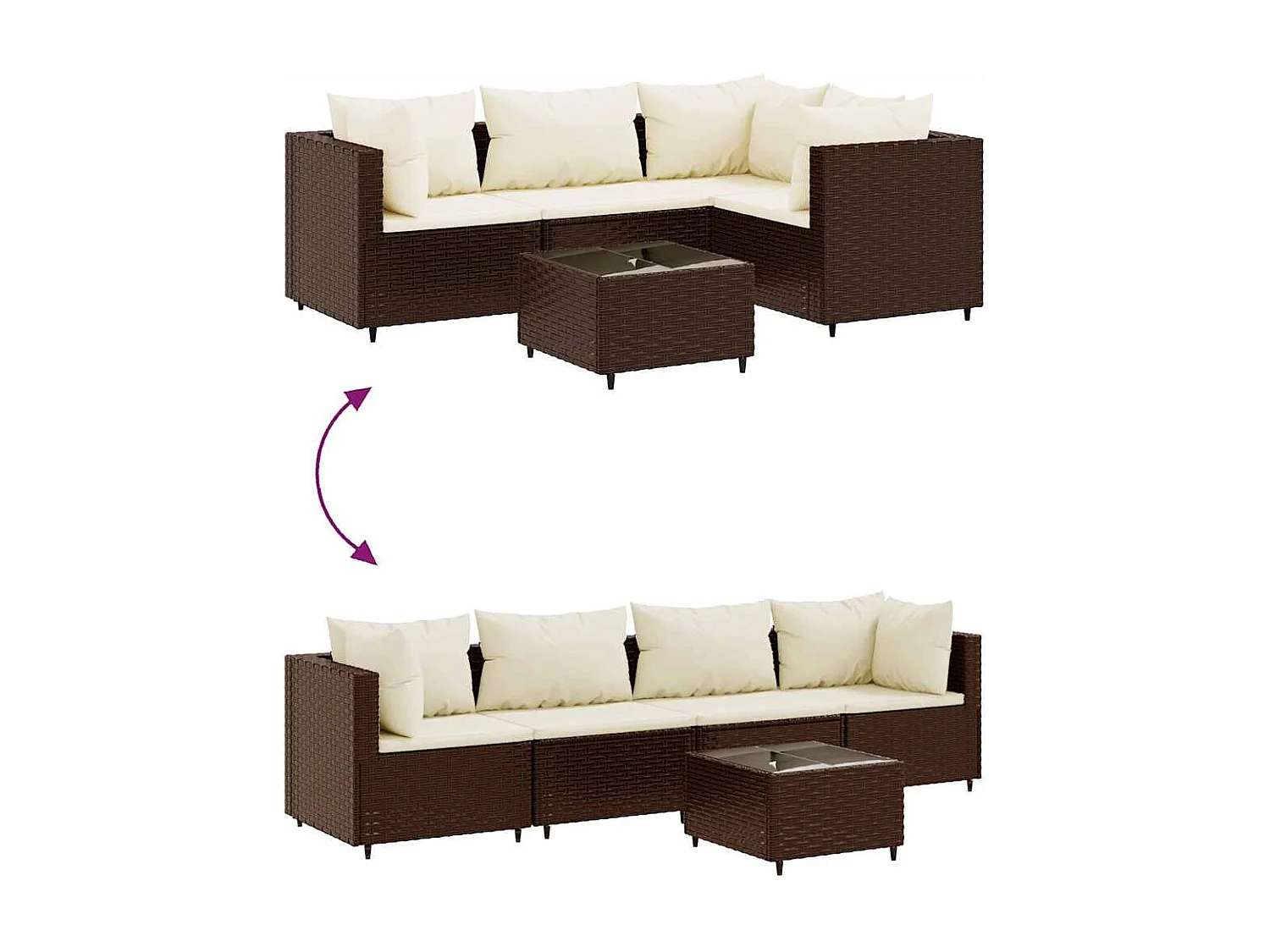 5-delige Loungeset met kussens poly rattan bruin