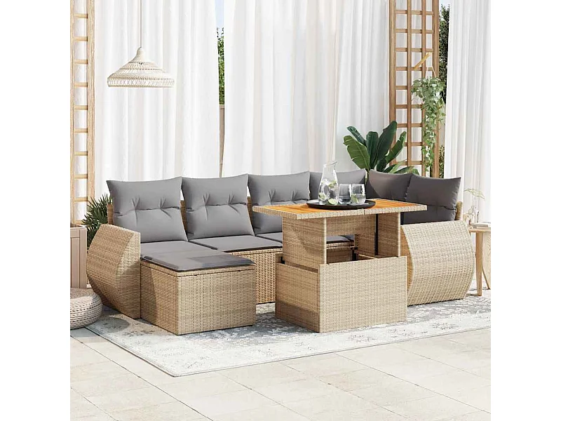 7 peças conjunto de sofás para jardim com almofadões vime PE bege