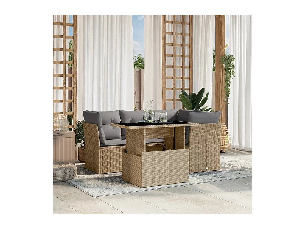 Salon de jardin avec coussins 5 pièces beige résine tressée