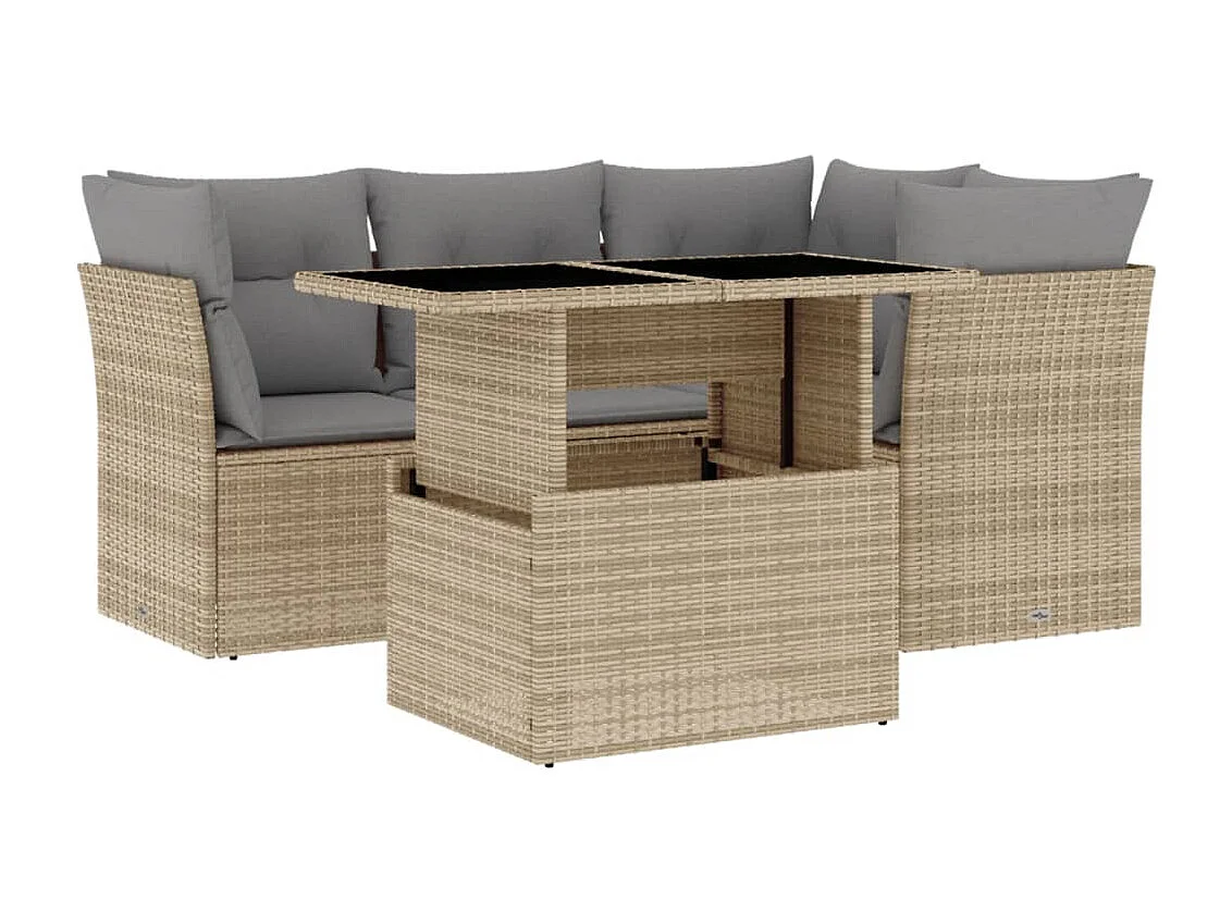 5 peças conjunto de sofás para jardim com almofadões vime PE bege