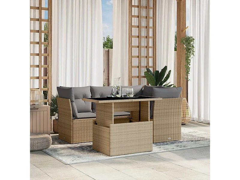 5-delige Loungeset met kussens poly rattan beige