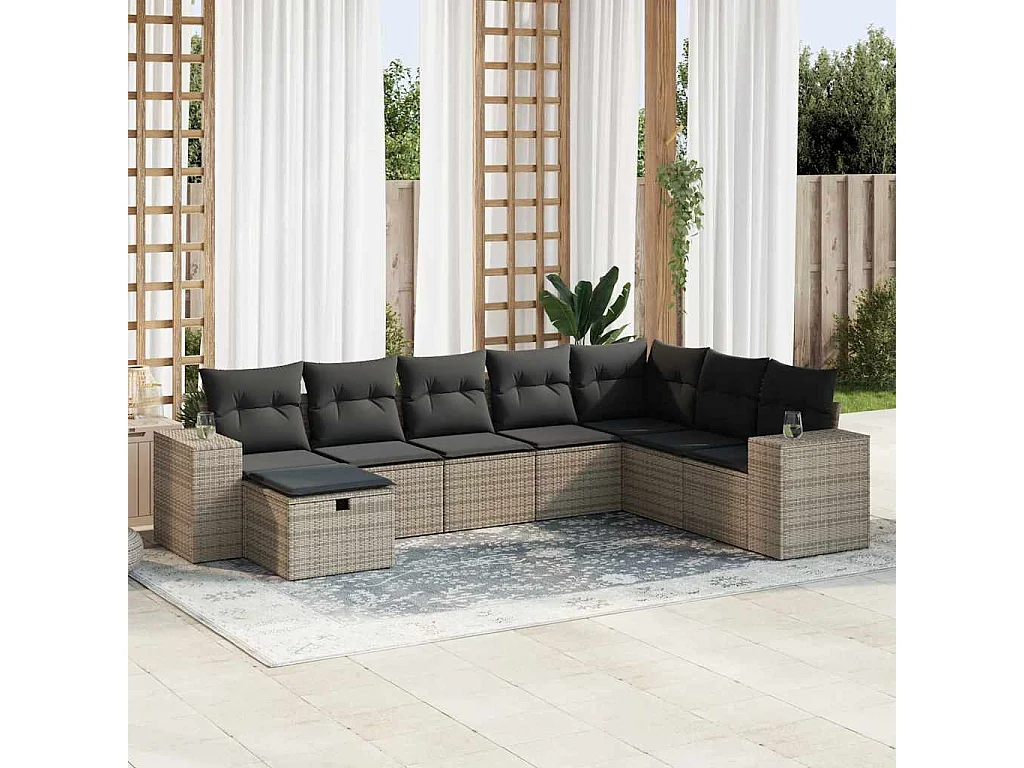Salon de jardin 8 pièces avec coussins gris résine tressée