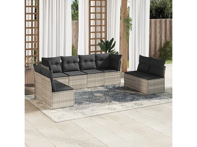 Salon de jardin 8 pièces avec coussins gris clair résine tressée