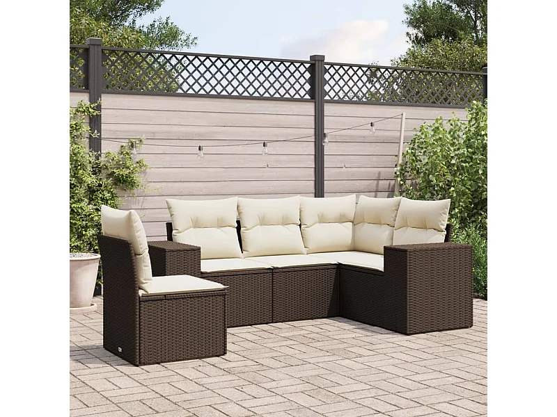 5-delige Loungeset met kussens poly rattan bruin
