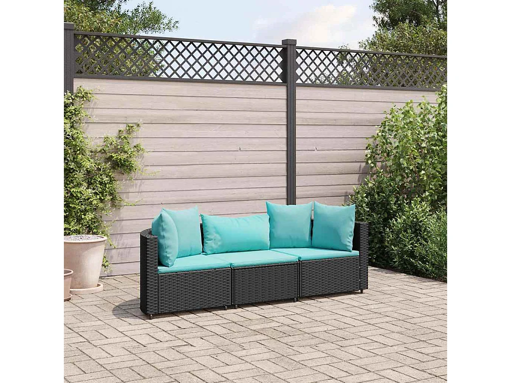 Set de sofás de jardín con cojines 3 piezas ratán sintético negro