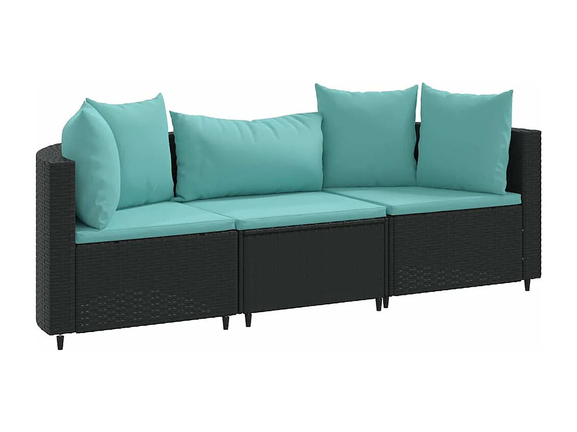 Set de sofás de jardín con cojines 3 piezas ratán sintético negro