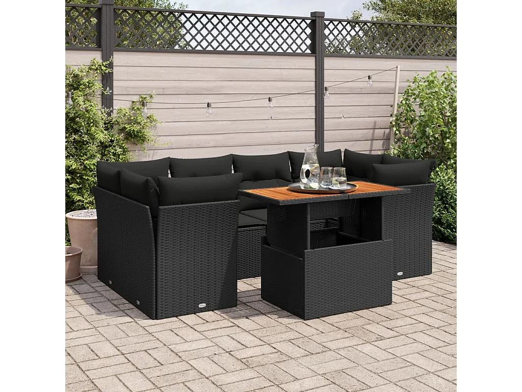 Set de sofás de jardín 7 piezas con cojines ratán sintético negro