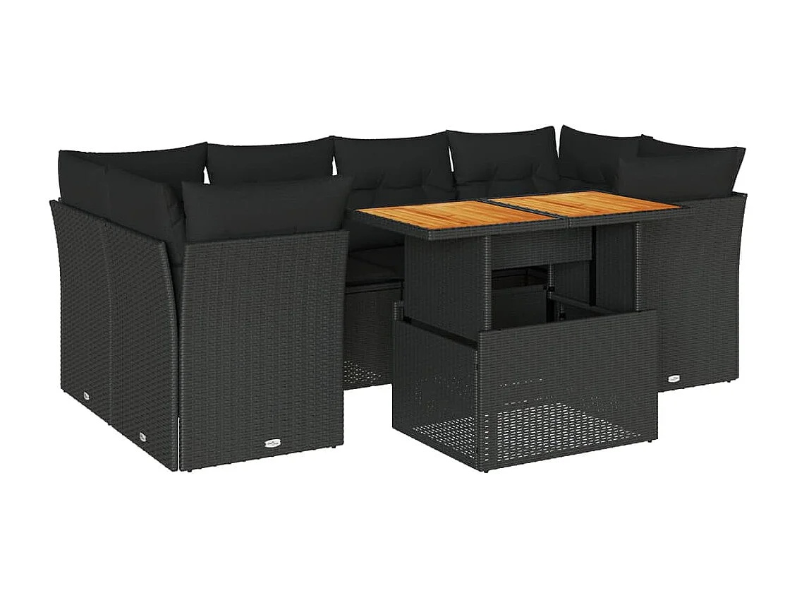 Set de sofás de jardín 7 piezas con cojines ratán sintético negro