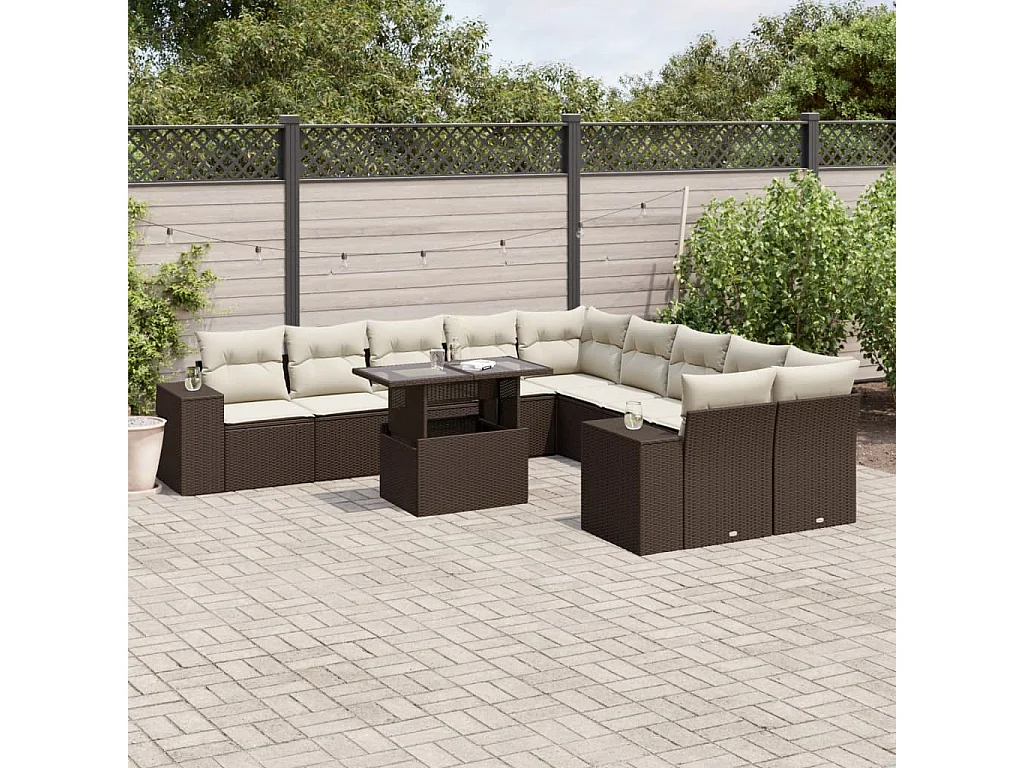 11-delige Loungeset met kussens poly rattan bruin