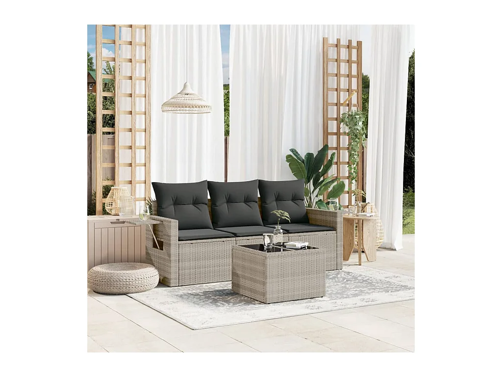 4-delige Loungeset met kussens poly rattan lichtgrijs