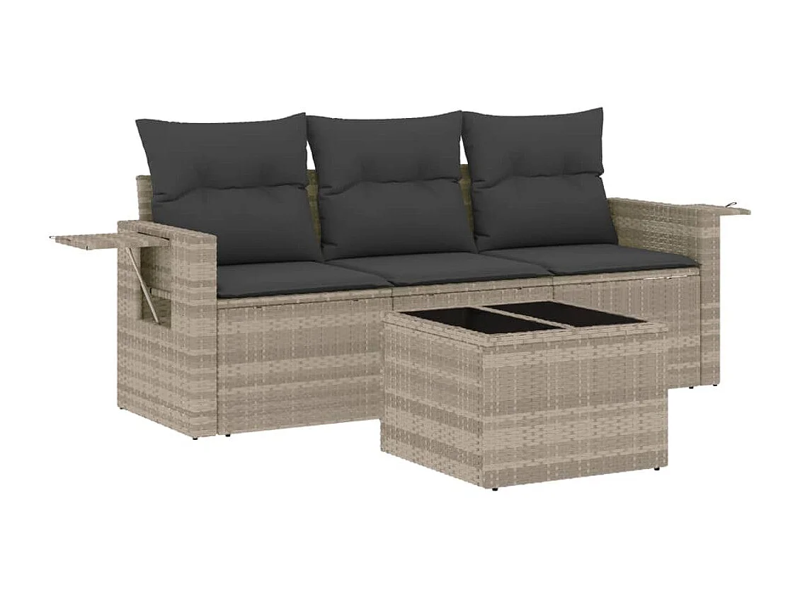 4-delige Loungeset met kussens poly rattan lichtgrijs