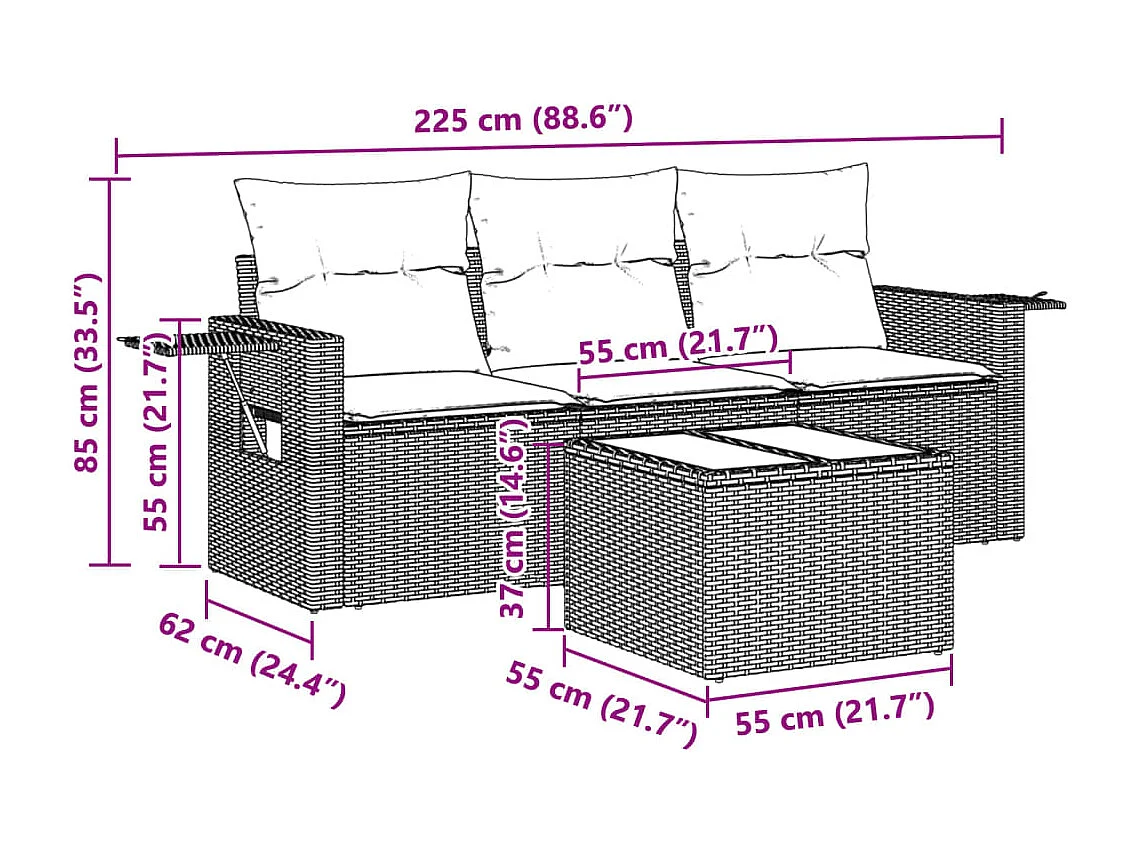 4-delige Loungeset met kussens poly rattan lichtgrijs