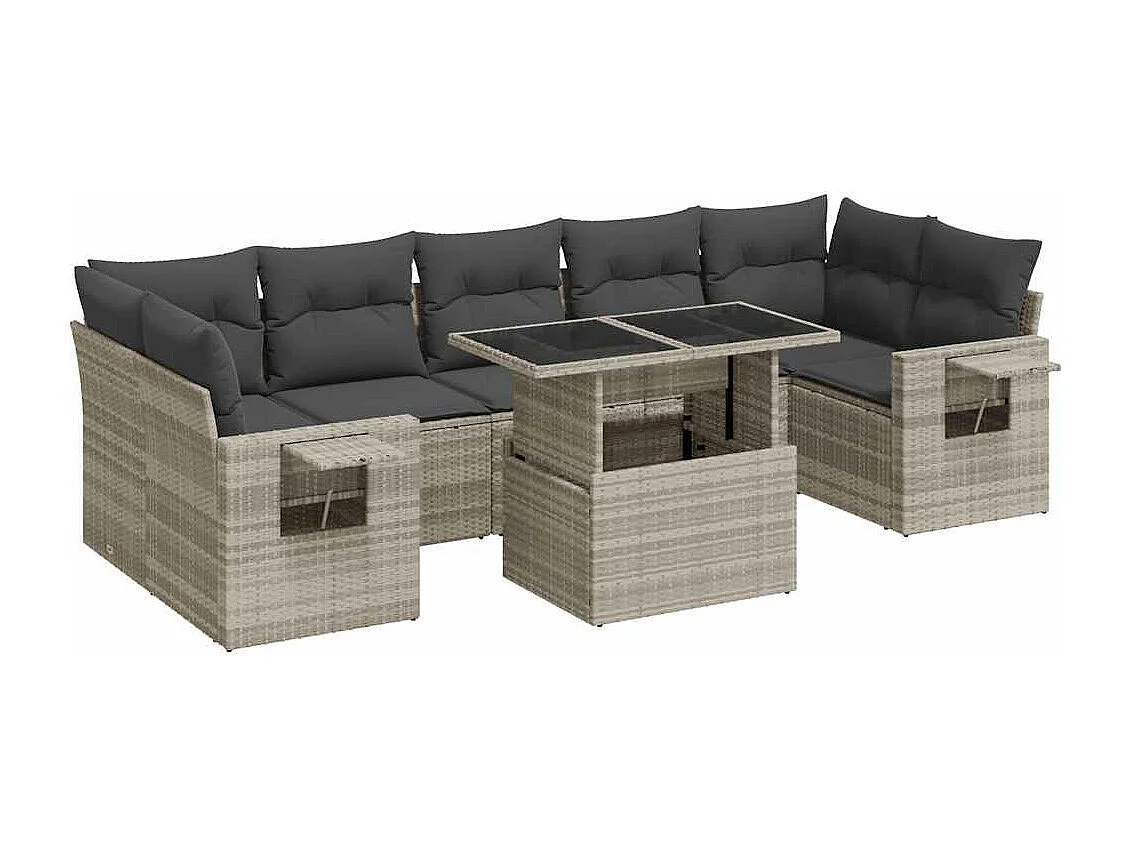 Set de sofás de jardín 8 piezas y cojines ratán sintético gris
