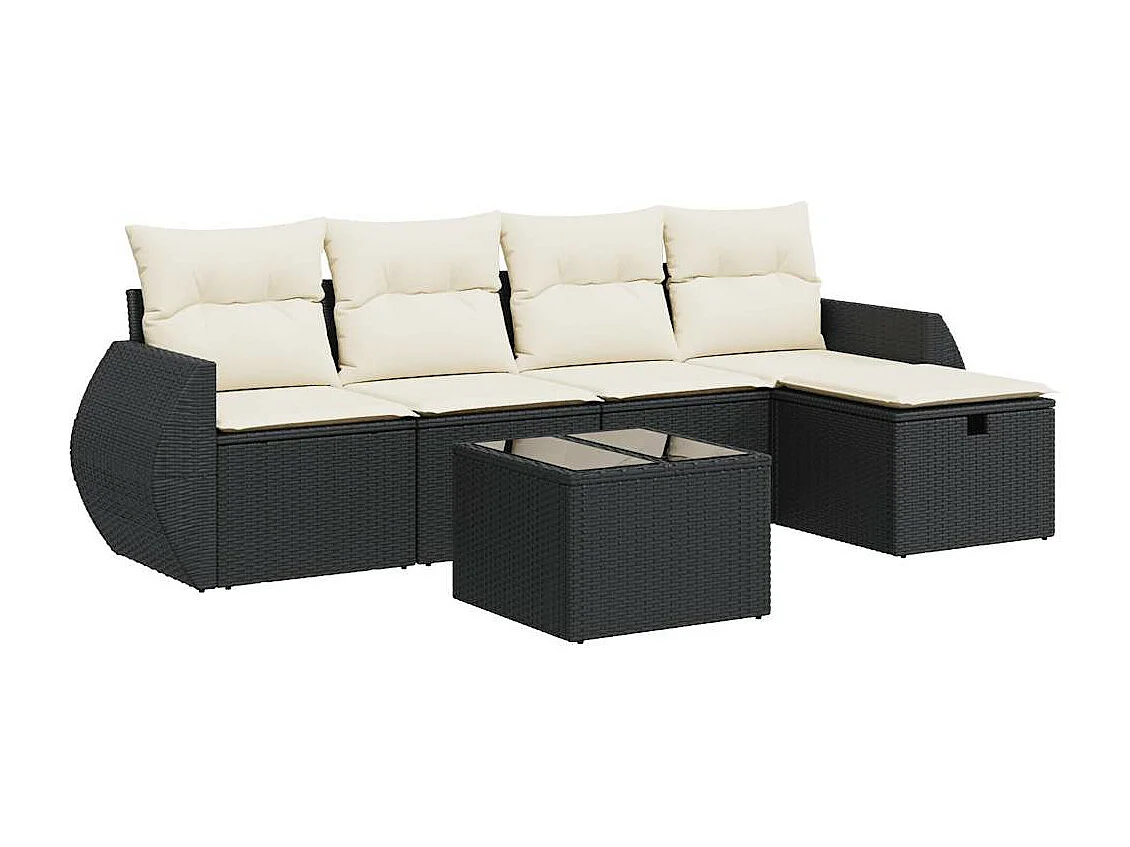 6-delige Loungeset met kussens poly rattan zwart