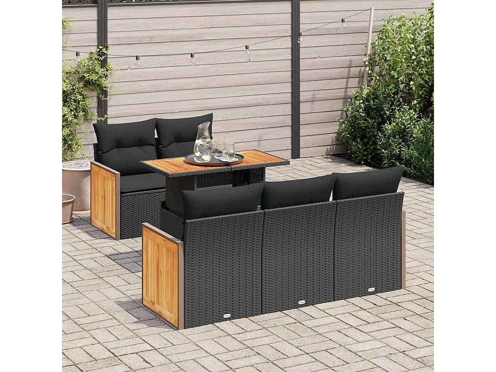 6 peças conjunto sofás jardim com almofadões vime PE/acácia preto