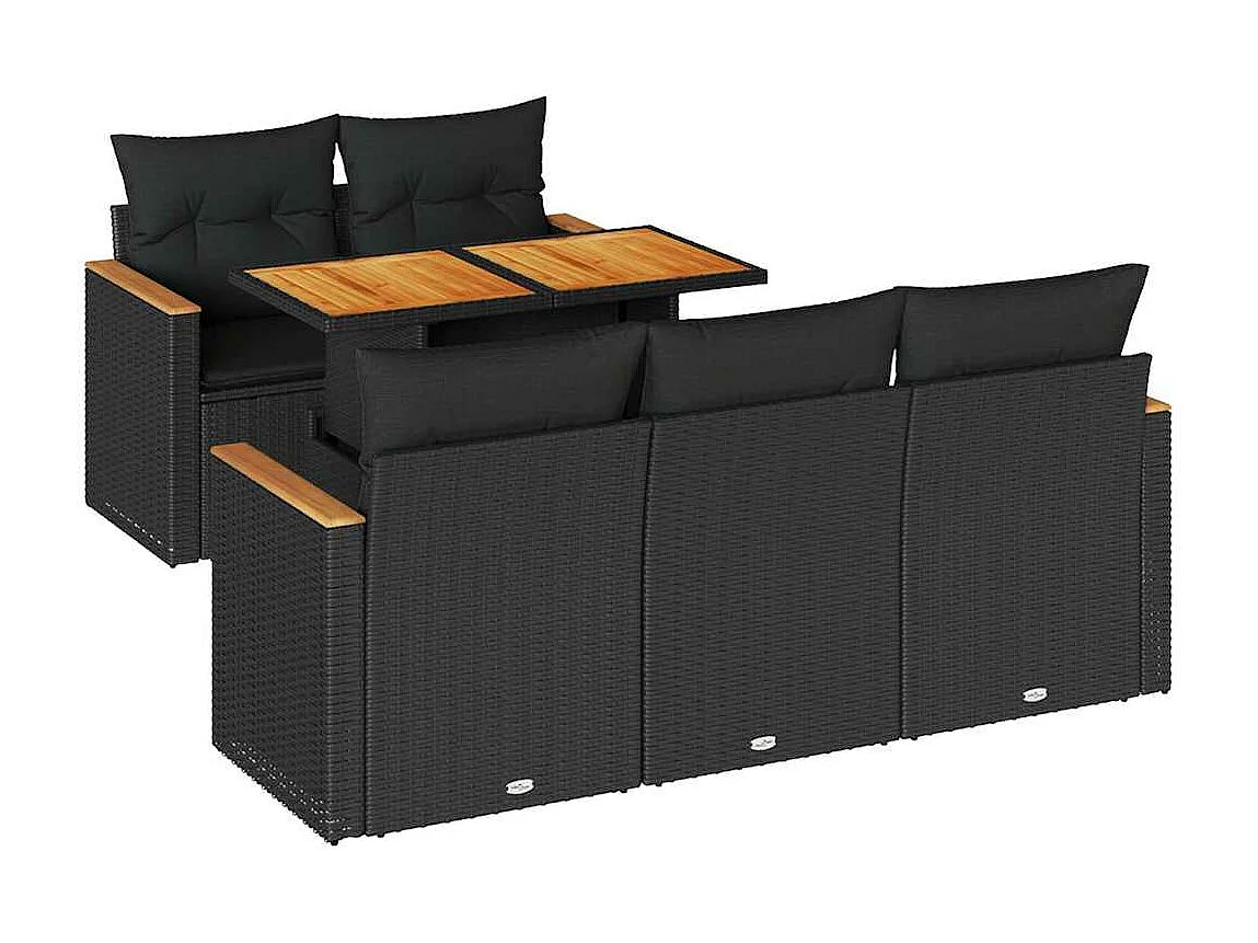 6 peças conjunto sofás jardim com almofadões vime PE/acácia preto