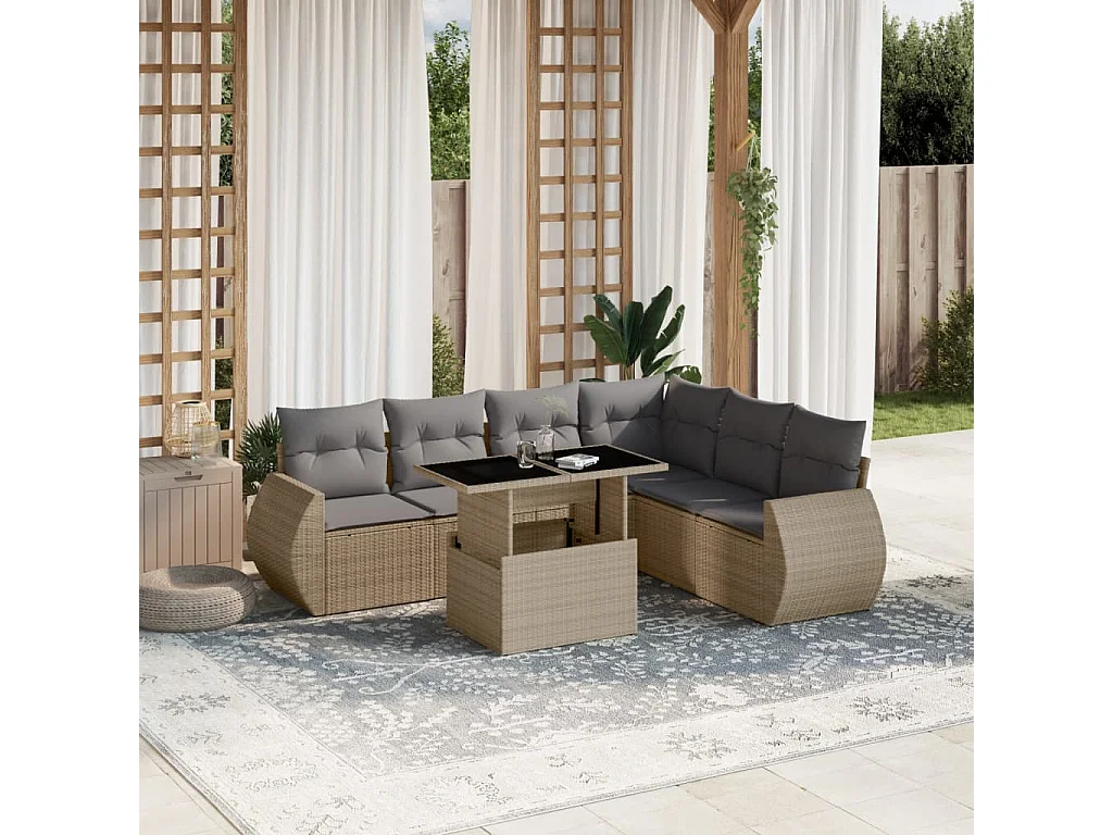 7-delige Loungeset met kussens poly rattan beige