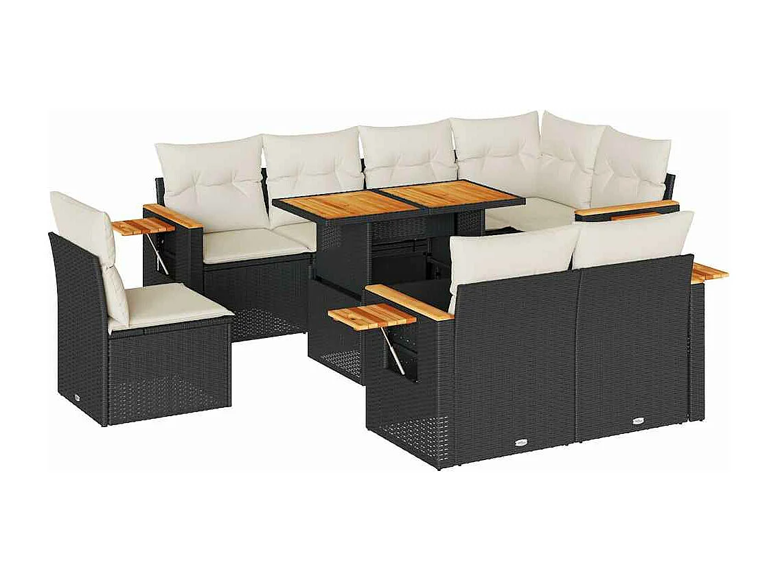 9 peças conjunto sofás para jardim almofadões vime PE/acácia preto