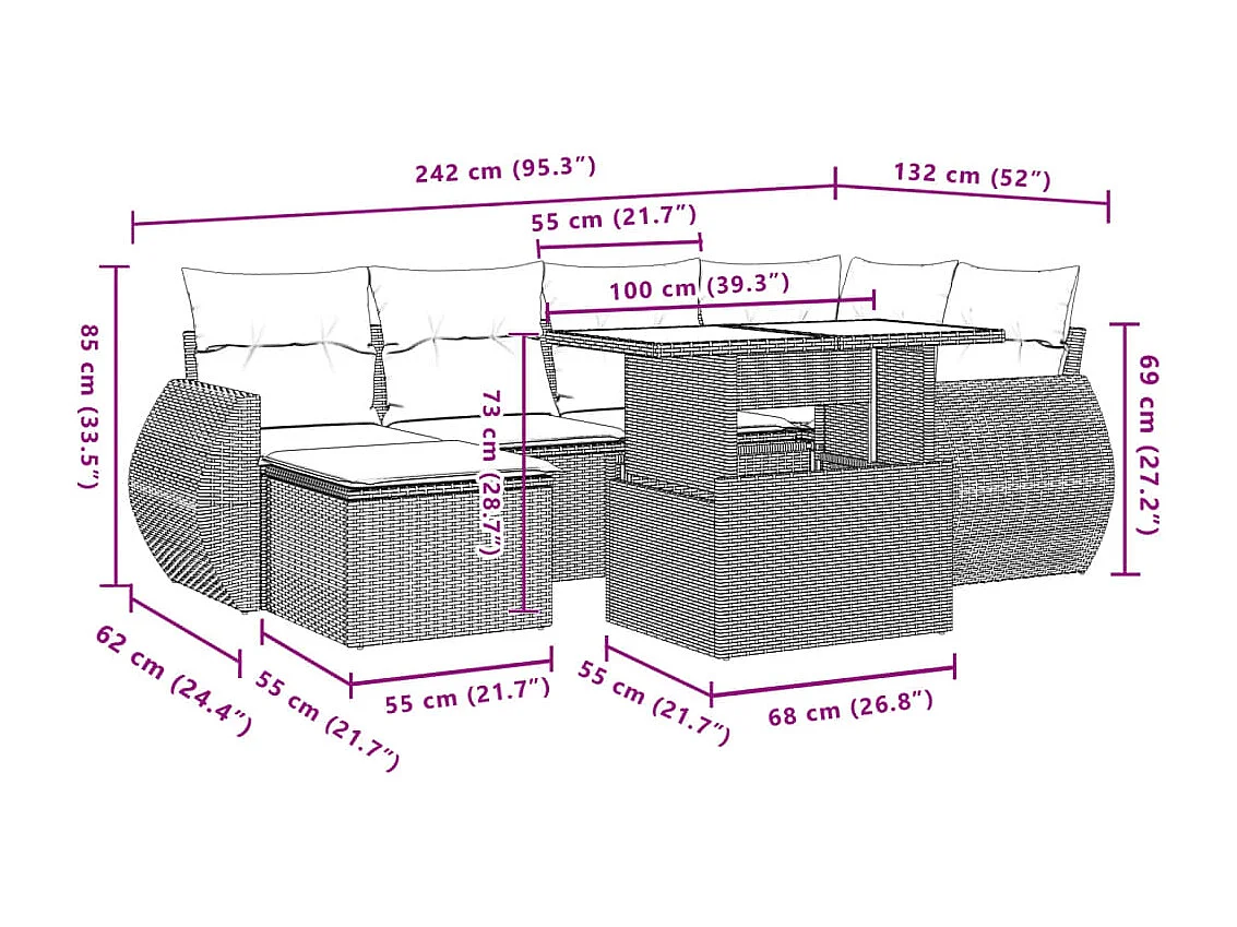 Salon de jardin avec coussins 7 pièces marron résine tressée