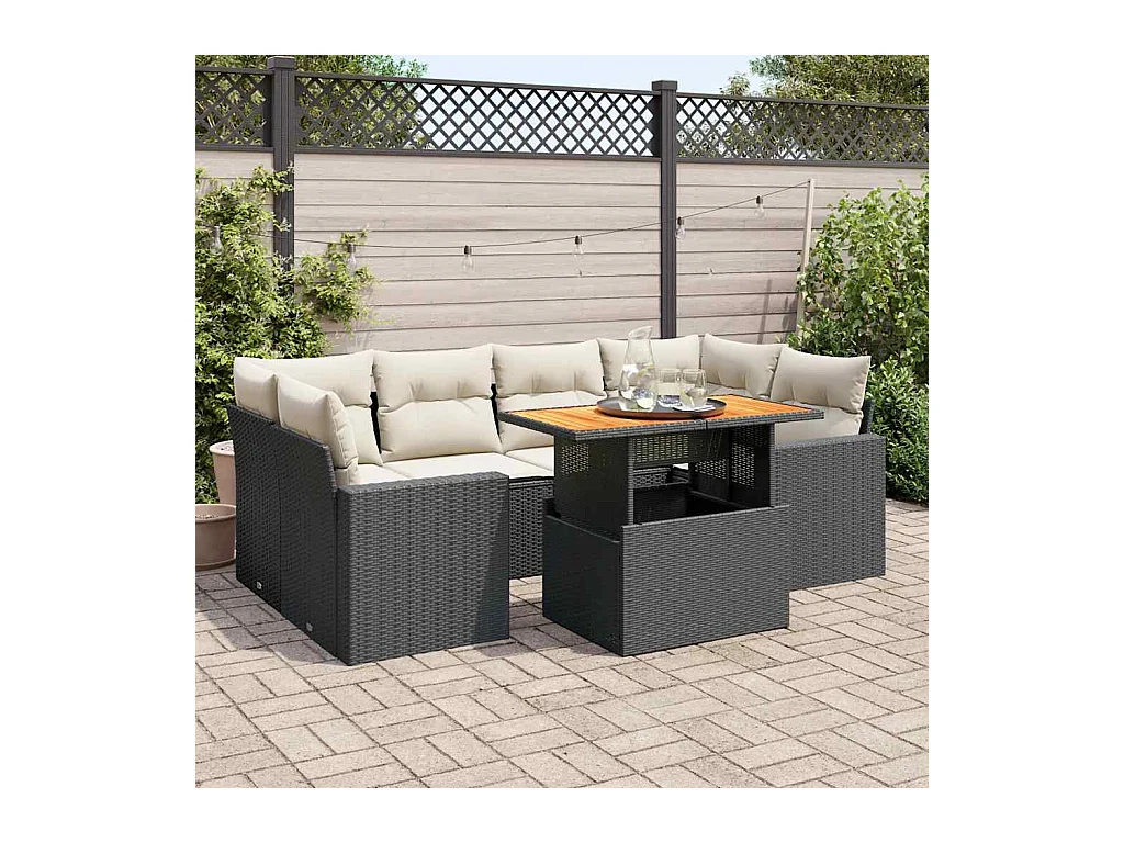 7-delige Loungeset met kussens poly rattan zwart
