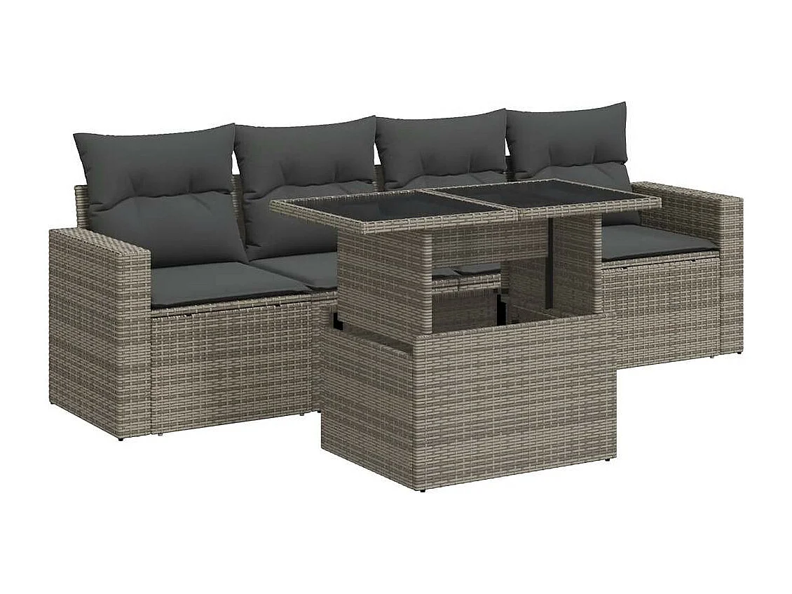 Salon de jardin 5 pièces avec coussins gris résine tressée