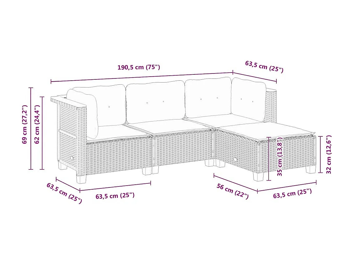 4-delige Loungeset met kussens poly rattan zwart