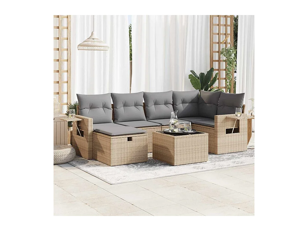 Salon de jardin avec coussins 7 pièces beige résine tressée