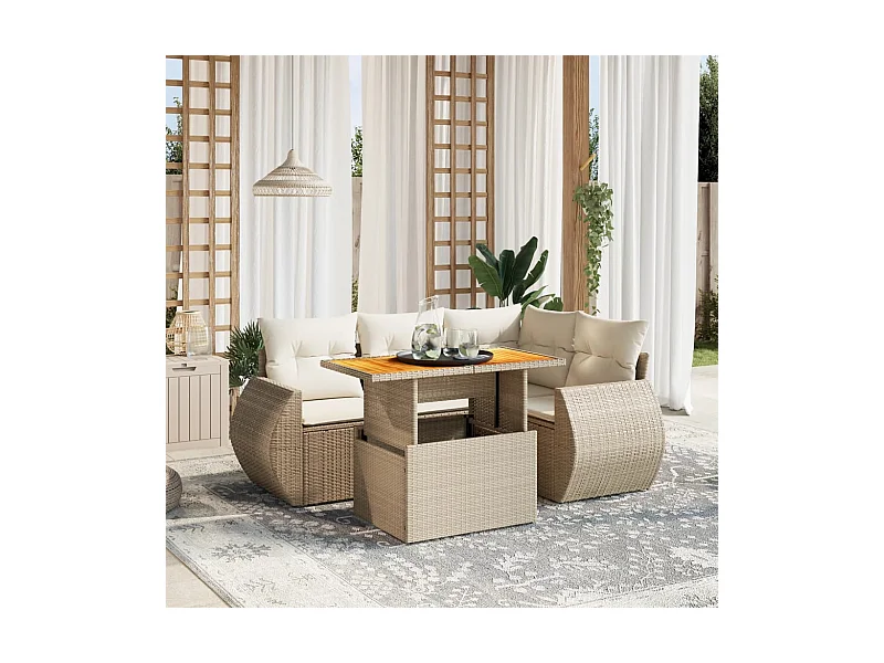 Juego de sofás jardín con cojines 5 piezas ratán sintético beige