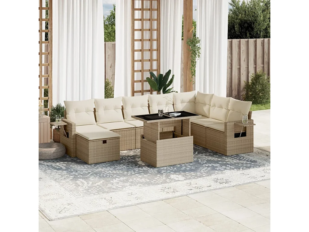 Salon de jardin avec coussins 9 pièces beige résine tressée