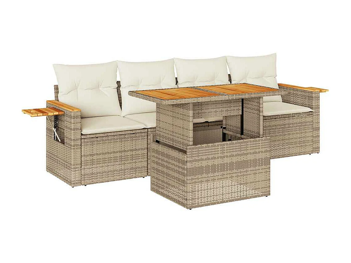 Salon de jardin avec coussins 5 pièces beige résine tressée acacia