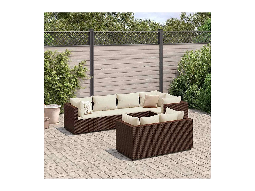 Set muebles de jardín 7 piezas y cojines ratán sintético marrón