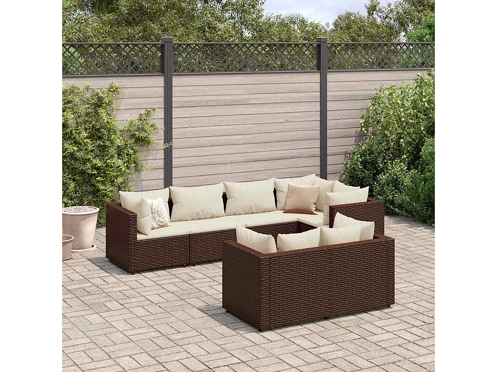 7-delige Loungeset met kussens poly rattan bruin