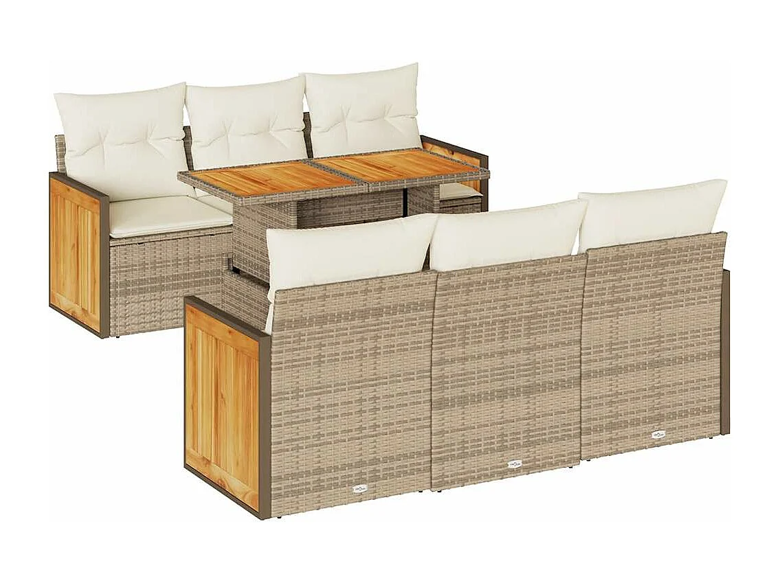 7 peças conjunto sofás jardim com almofadões vime PE/acácia bege