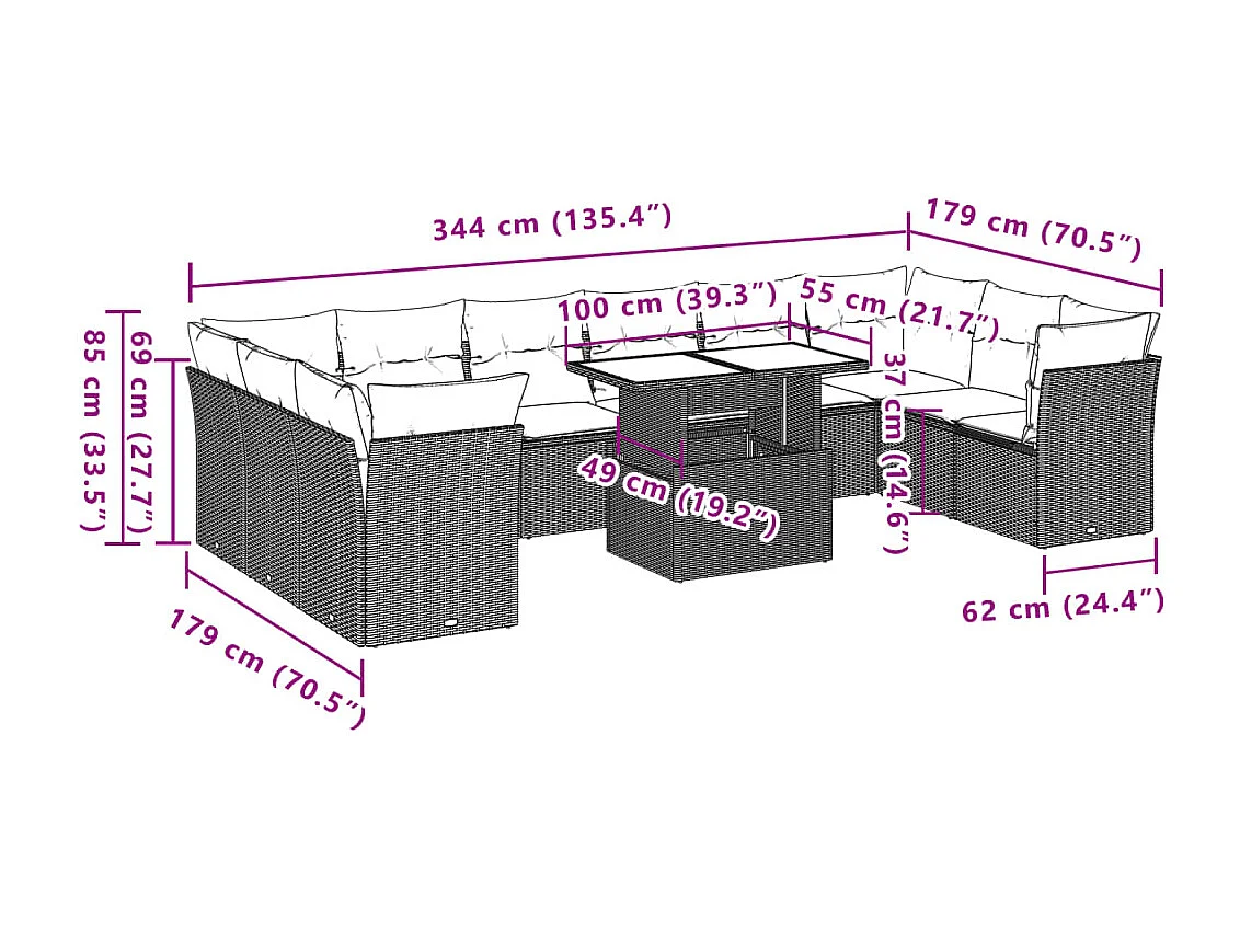 11-delige Loungeset met kussens poly rattan lichtgrijs