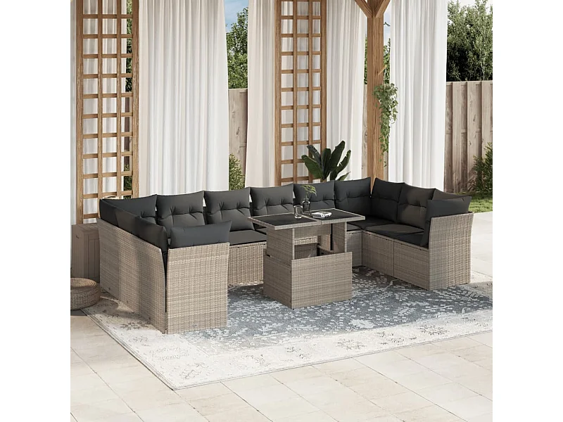 Salon de jardin 11 pièces avec coussins gris clair résine tressée